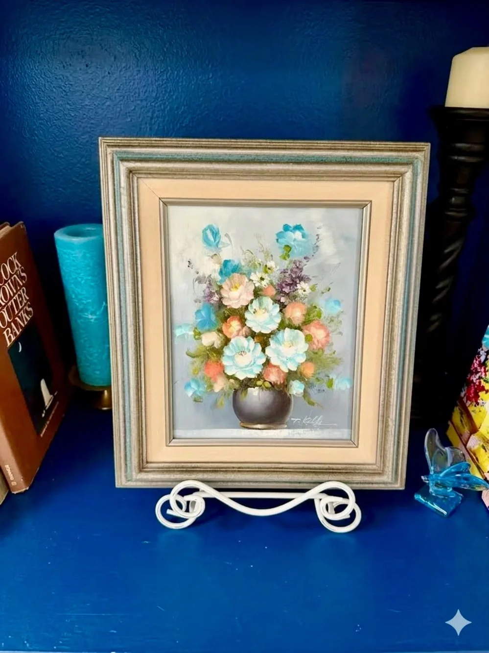 Vintage T Kelly Original Oil Painting Bouquet Wall Art - Blue Orange and Cream